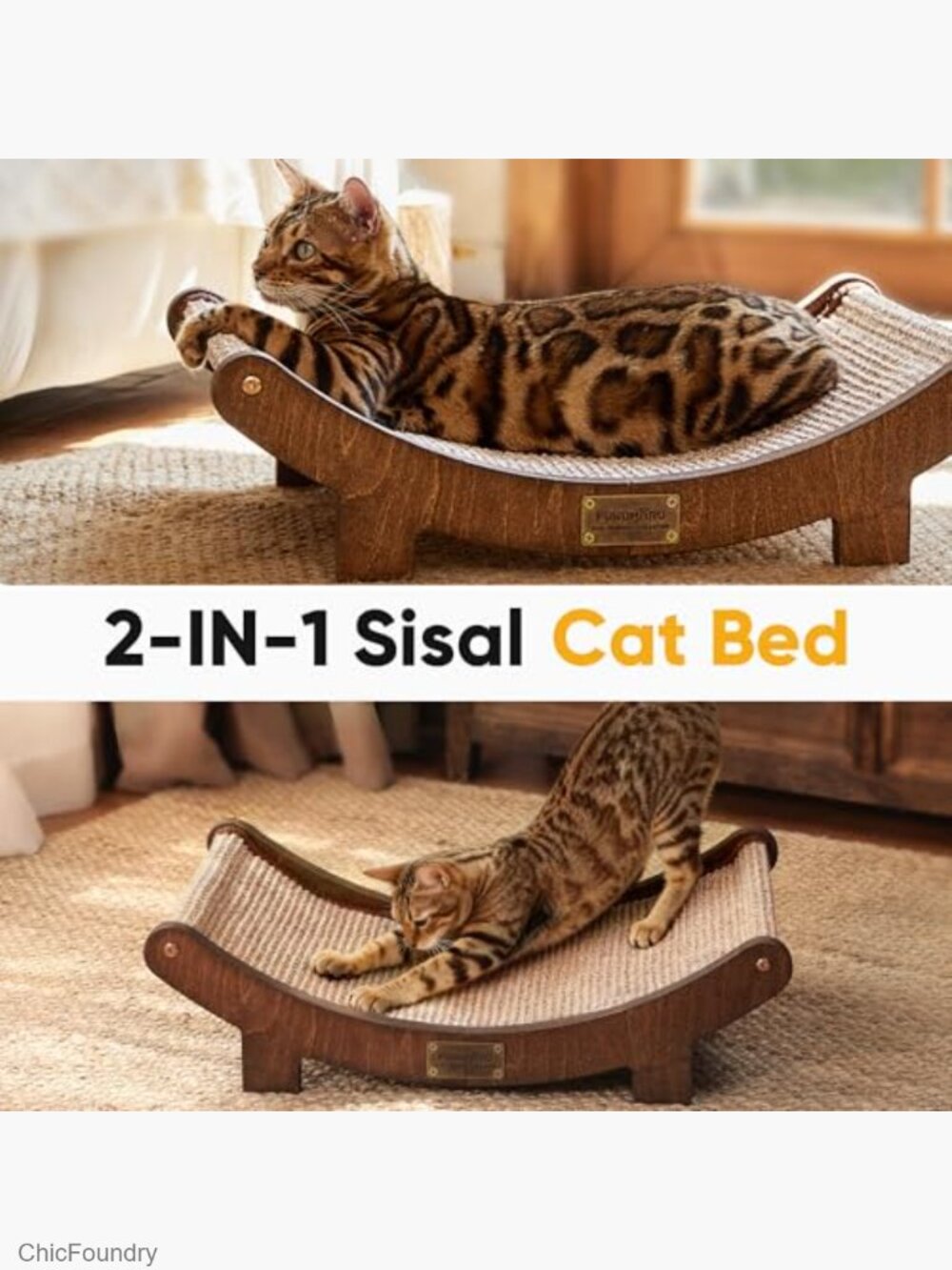 23.6" Cat Scratcher Bed Sisal Durable Scratching Pad Natural Hammock Wood Frame - Picture 2 of 6